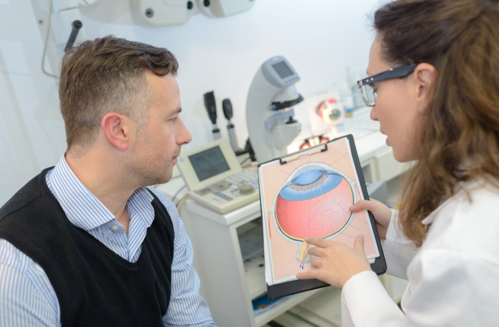 Man with glaucoma sitting consulting with his optometrist for an examination both looking at a diagram of an eye with the disease