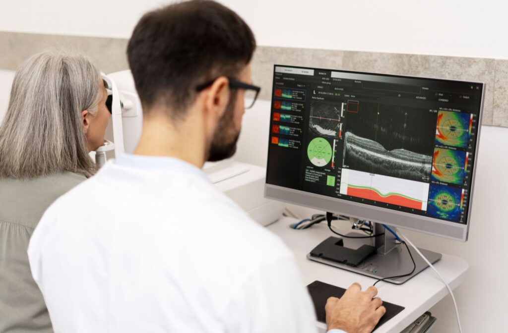 An eye doctor uses retinal scans to screen a patient for glaucoma.