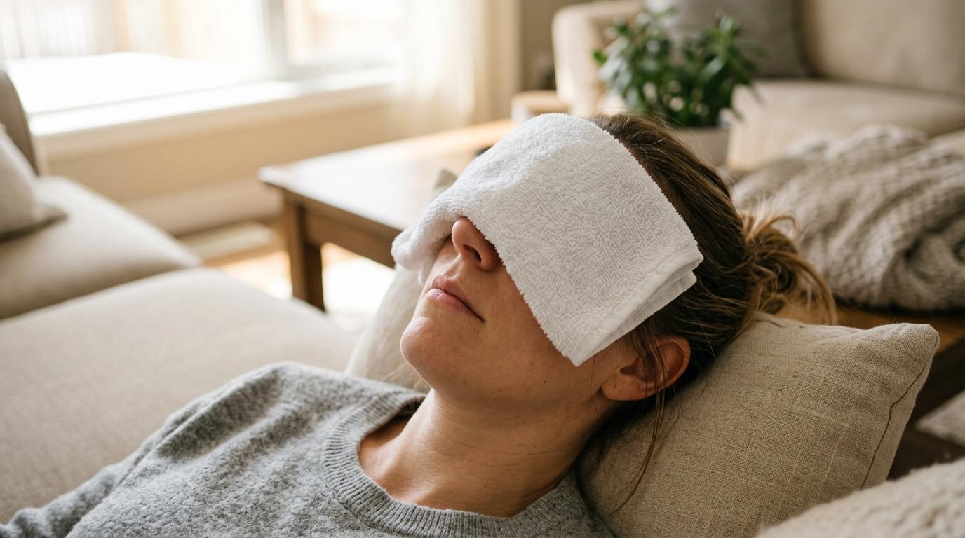 A person laying down with a cold cloth over their eyes to reduce irritation