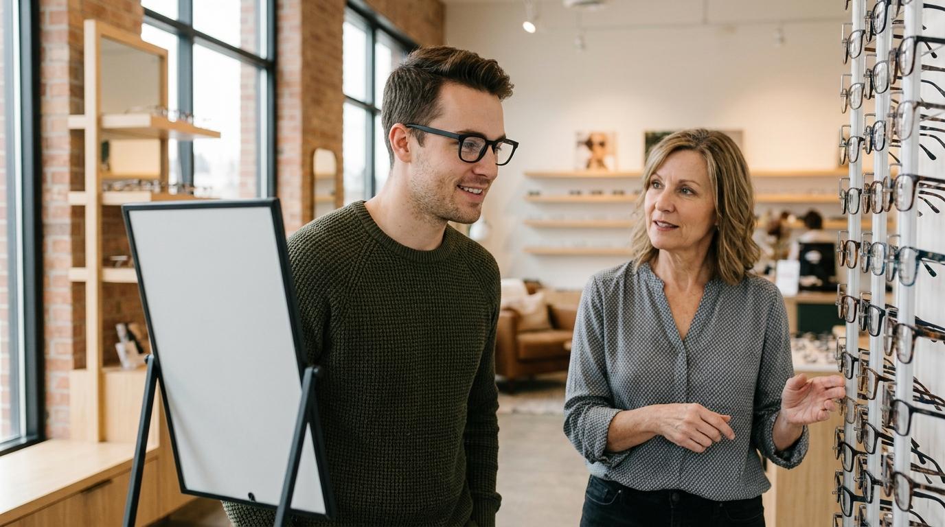 A person picking a pair of glasses with the help of an optician