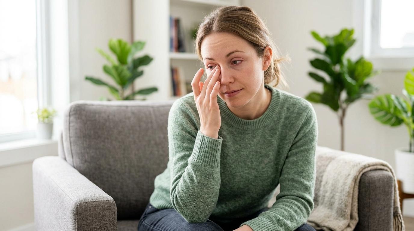A person sitting on a couch and rubbing their irritated eye