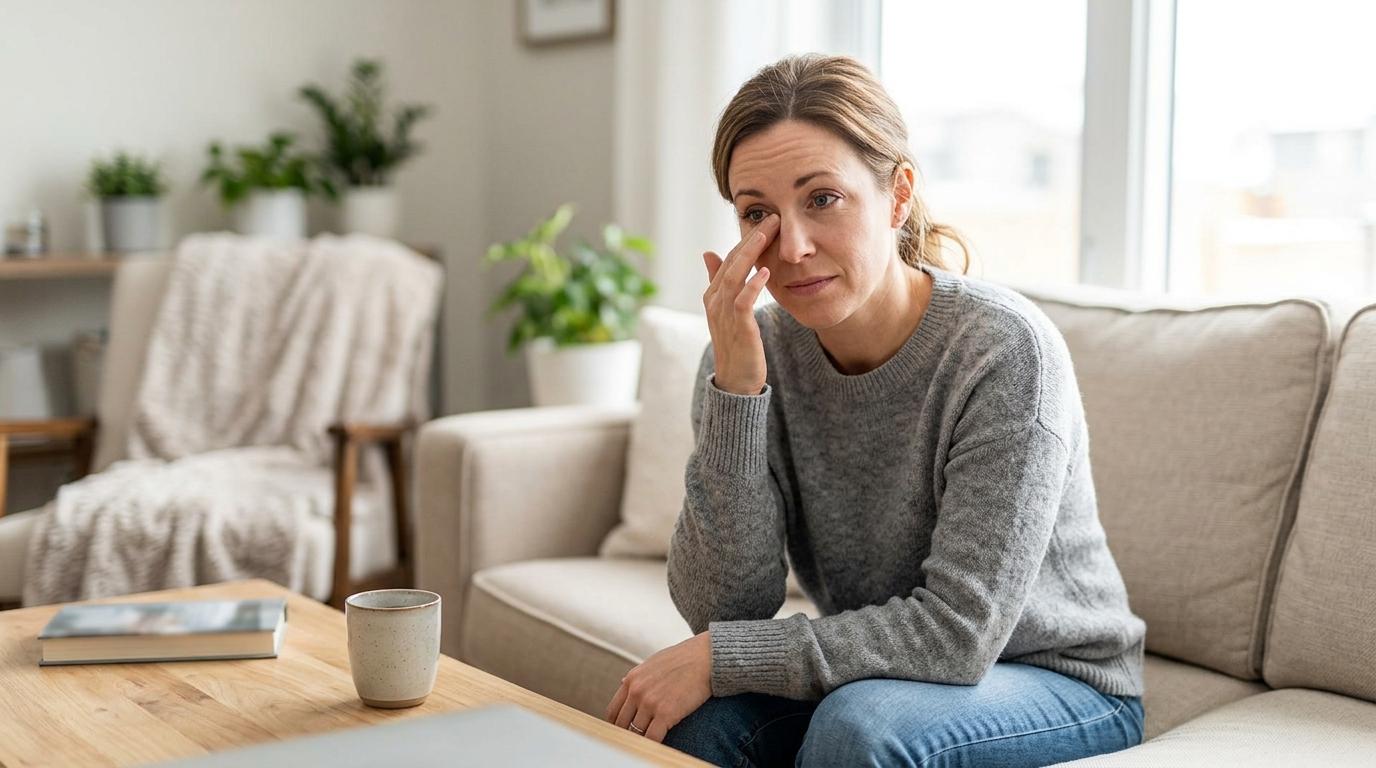 Person gently touching the corner of their eye, appearing uncomfortable, suggesting eye pain or irritation.