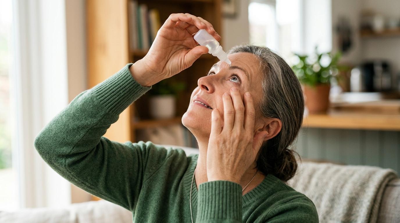 Person tilting head back to apply eye drops, close-up view