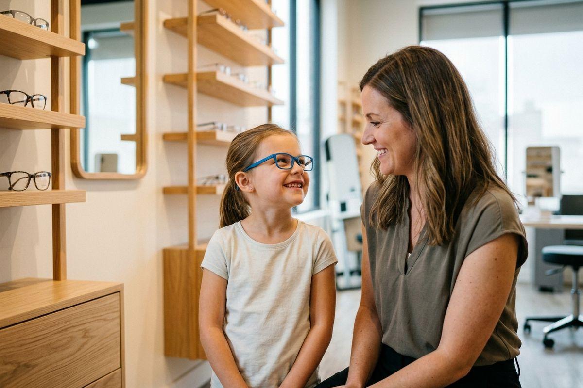 Child wearing blue glasses smiling at an adult in an optical shop, shelves of eyeglass frames visible behind them.