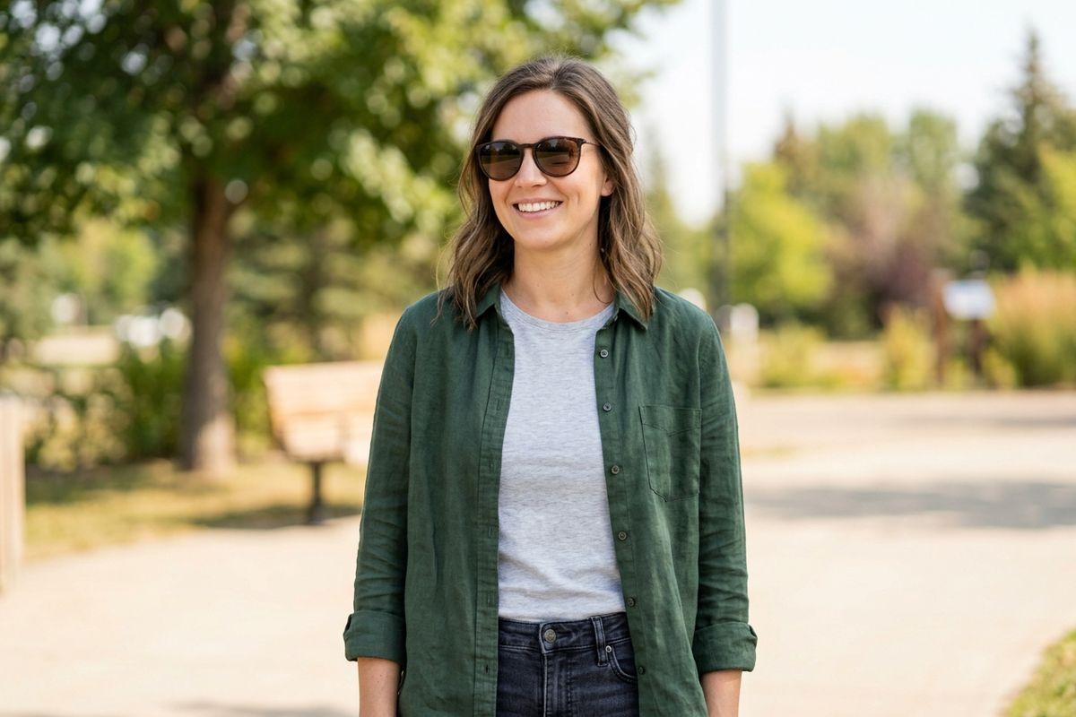 Smiling adult wearing sunglasses and a green shirt standing on a sunny park path with trees and a bench in the background.
