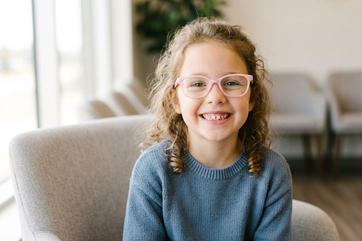 Smiling child with curly hair and pink glasses seated in a chair in a bright waiting room.