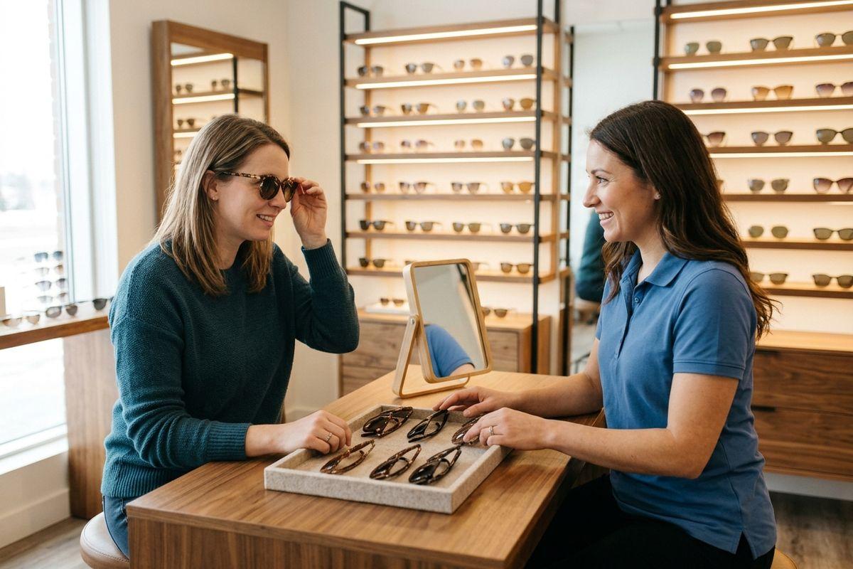 Two adults smiling in an eyewear shop; one tries on sunglasses while the other assists across a counter displaying frames.