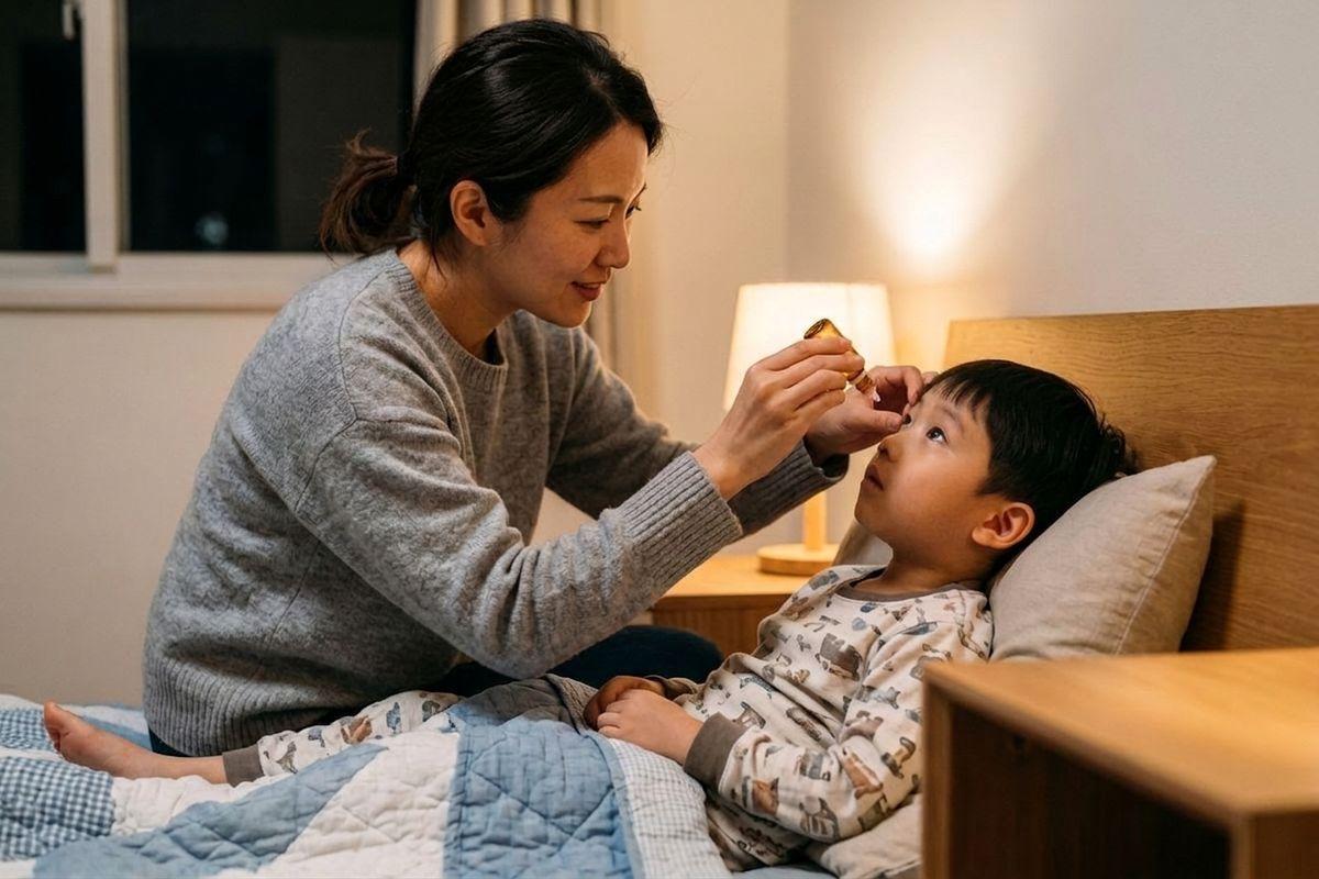 Adult applying eye drops to a child lying in bed wearing pajamas, in a dimly lit bedroom at night.