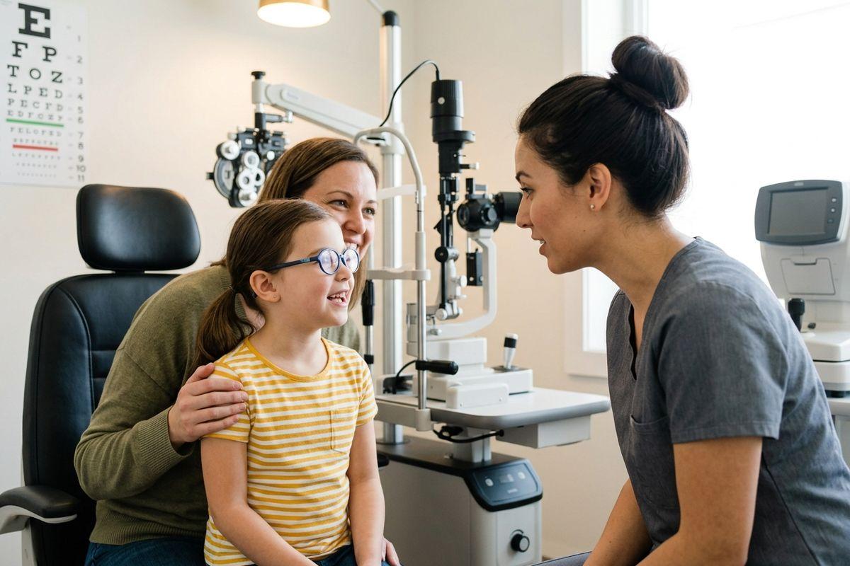 Optometrist smiling at a child wearing glasses during an eye exam, while an adult sits behind the child with a hand on their shoulder.